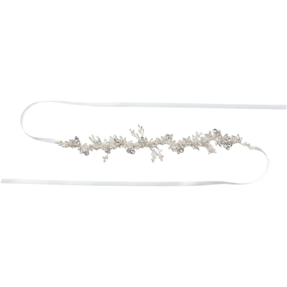 Silver Rhinestone Pearl Bridal Sash Wedding Hair Vine Floral Leaf Ribbon Bride - Picture 2 of 6